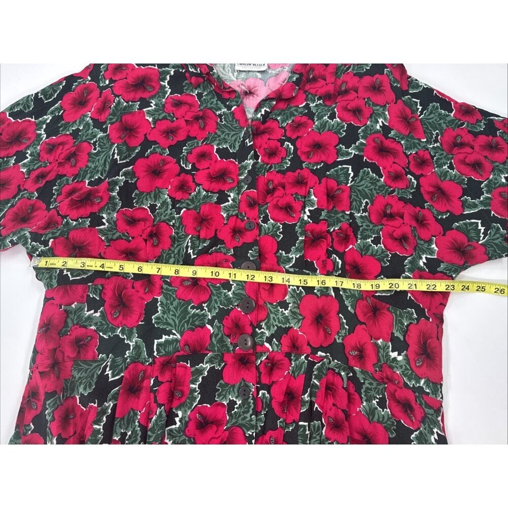 Vintage 80s Caroline Wells Dress 24W Long Red Floral Pleated Button Victorian - Picture 7 of 12